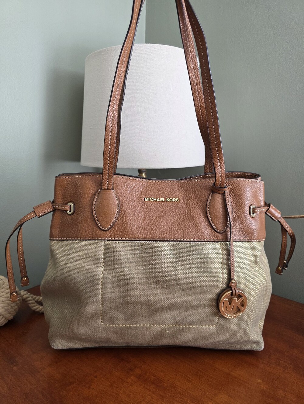 MICHAEL Michael Kors Marina Tote Metallic Gold Canvas Tan Leather Bag